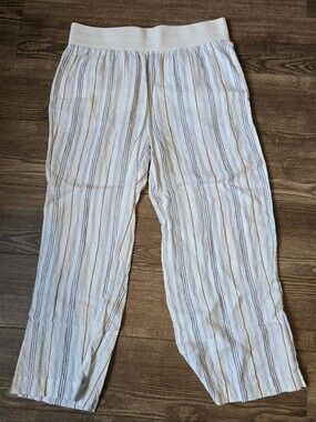 Soft Surroundings Pants Womens PL Striped 100% Linen Wide Leg Elastic Coastal